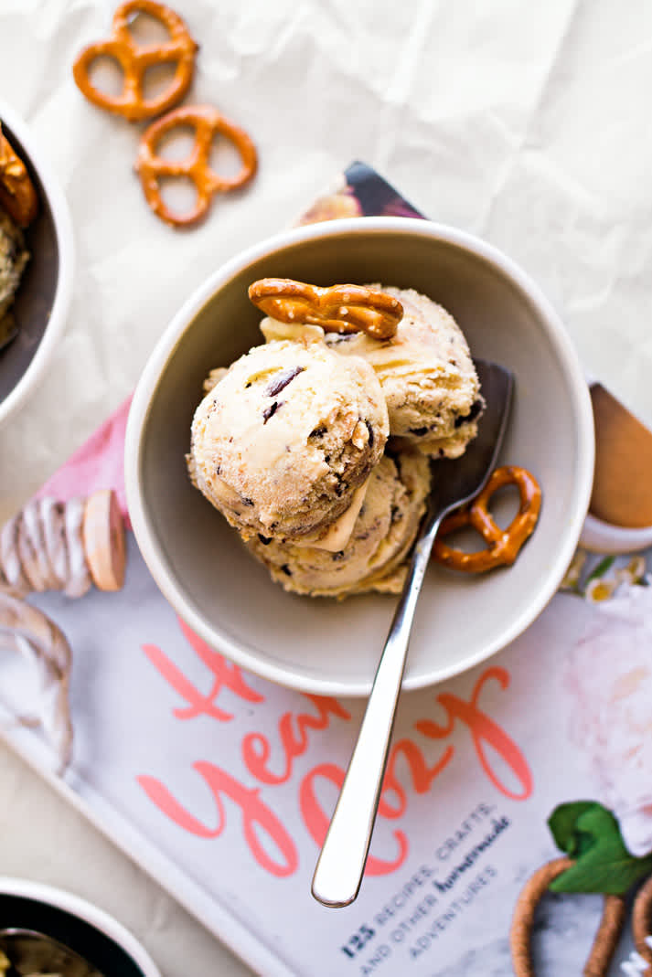 Salted Pretzel Ice Cream with Chocolate and Peanut Butter