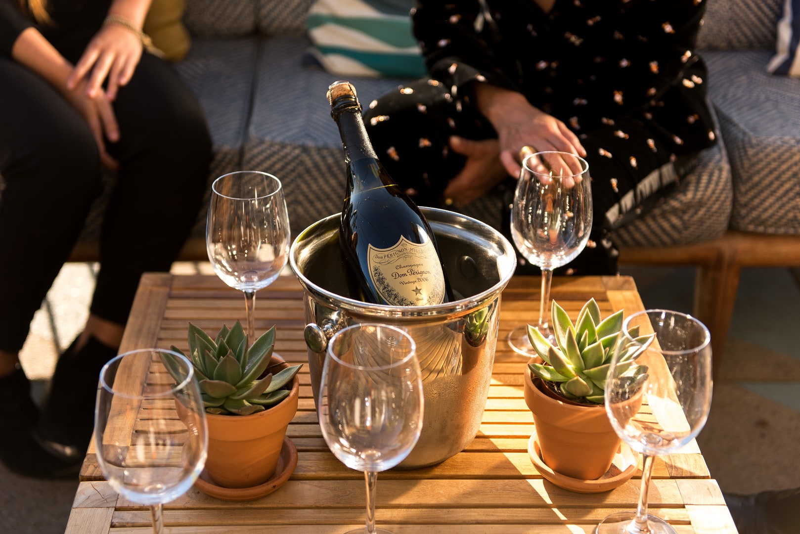 Chilled Champagne and wine glasses on the coffee table with succulents