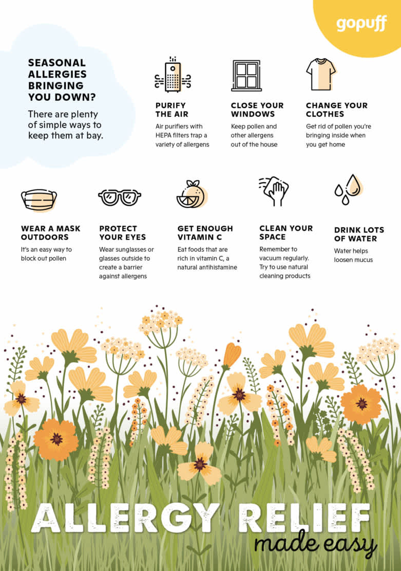 Allergy relief infographic describing allergy prevention measures