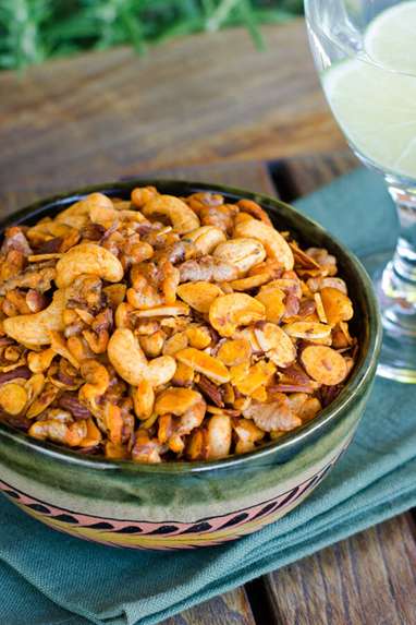 Snack mix with cashew nuts, almonds and pecans in a bowl