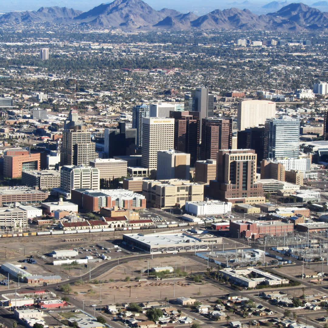 Aerial shot of the Phoenix city skyline