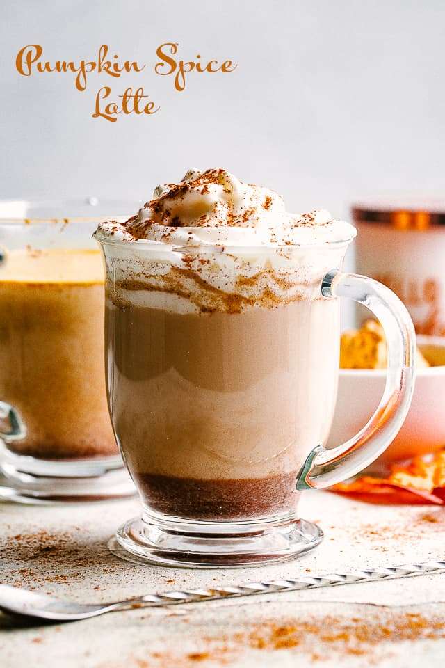 A DIY pumpkin spice latte in a glass mug