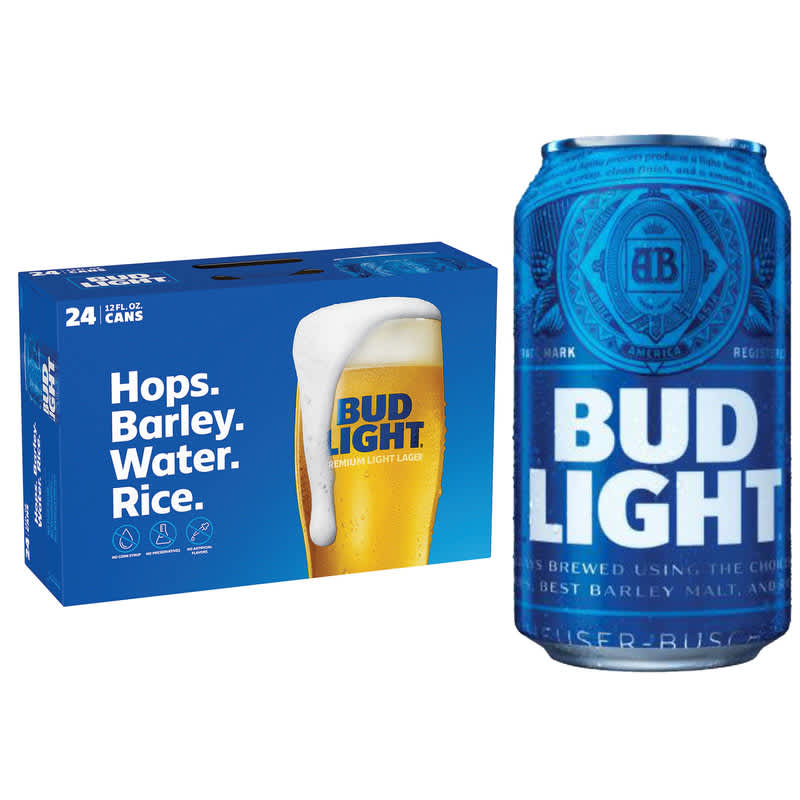 24-pack of Bud Light cans next to 1 Bud Light can 