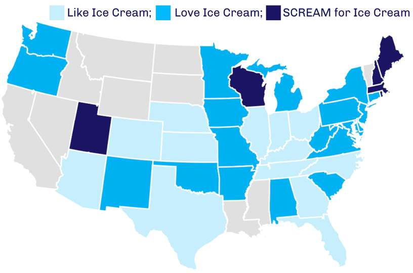 A map of the US showing what states order the most ice cream on Gopuff
