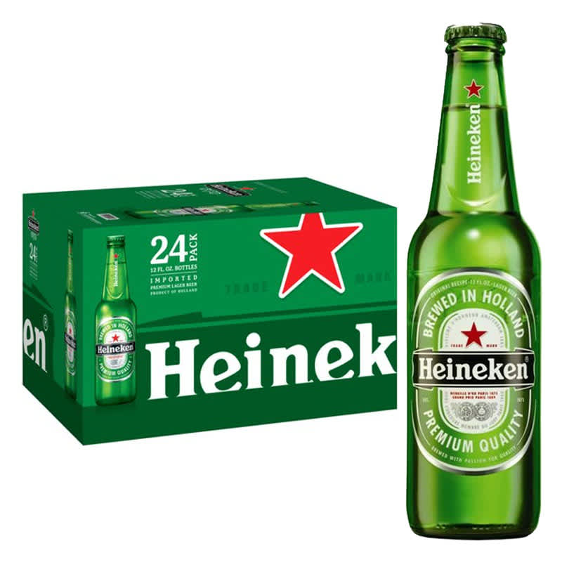 24-Pack of Heineken beer next to a single bottle