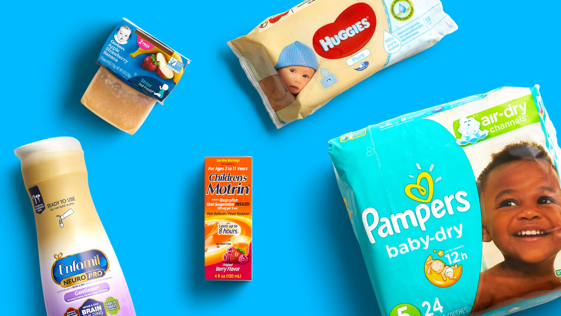 baby products on blue background