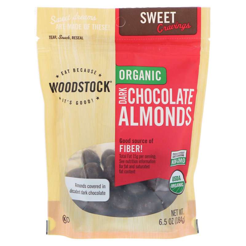 A bag of Sweet Cravings dark chocolate almonds