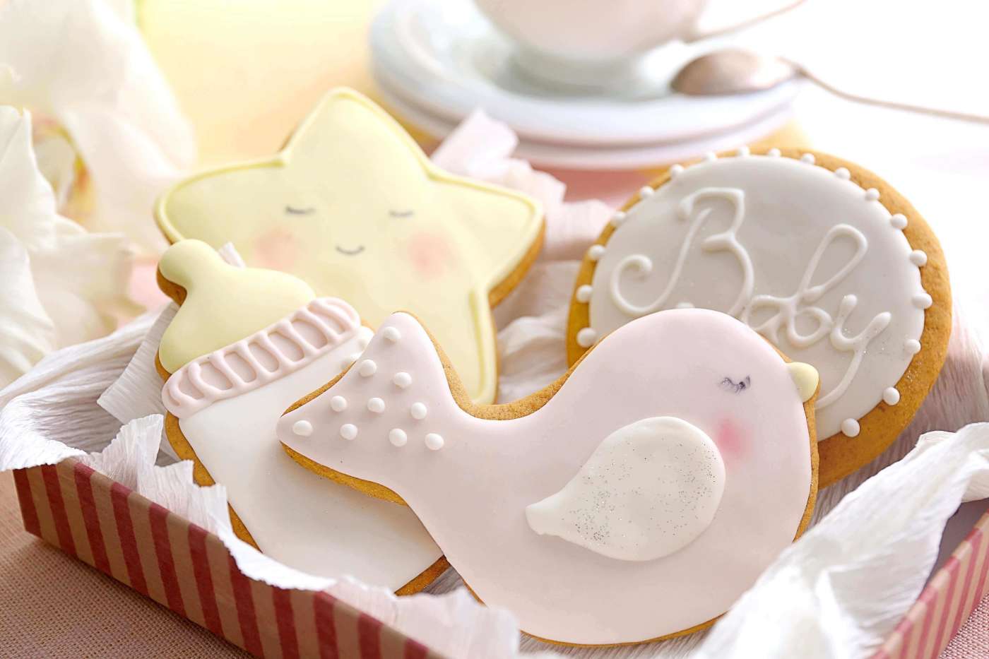 Closeup of delicious baby shower cookies