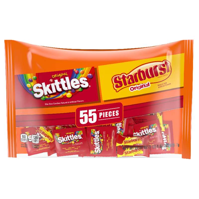 Bag of assorted Skittles and Starburst variety mix