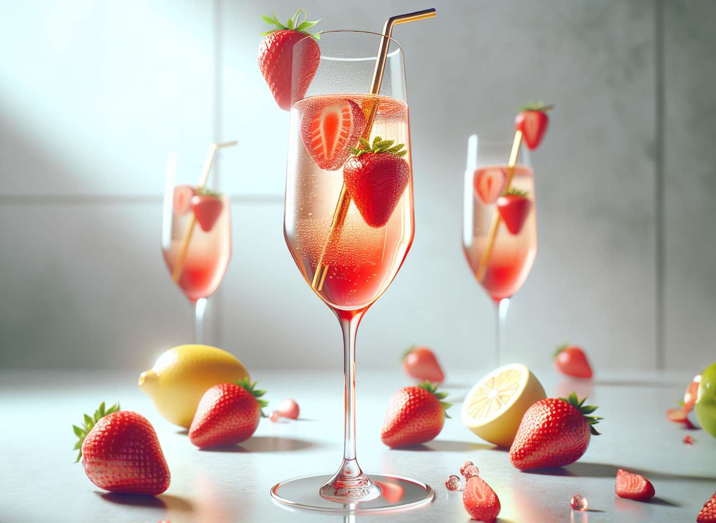 Sparkling rose wine in elegant glasses adorned with strawberries, accompanied by pomegranate seeds and citrus fruits on a light surface.