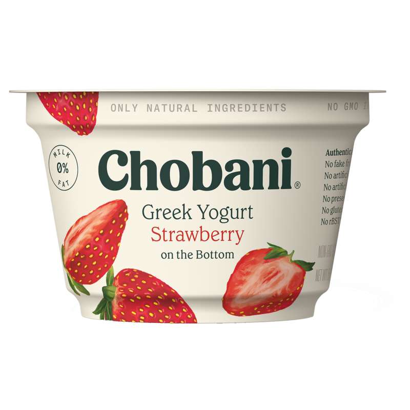 A container of Chobani Greek yogurt, strawberry on the bottom