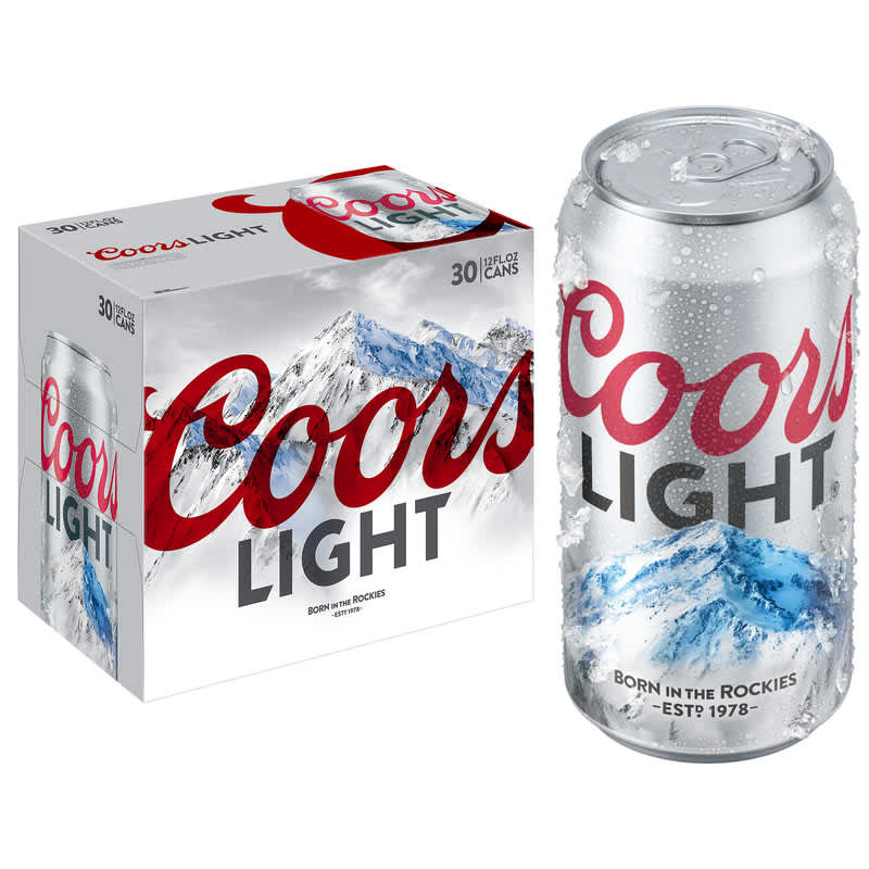 30-pack of Coors Light cans next to 1 Coors Light can 