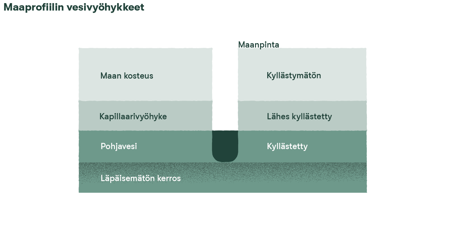 Kuva 12. Pohjavesivyöhykkeessä maan huokoset ovat veden täyttämiä. Vedellä kyllästymättömässä kerroksessa taas vain osa huokosista on täynnä vettä. Kyllästymättömän kerroksen vesitaloudella on merkitystä muun muassa kasvien kasvulle ja ravinteiden otolle, maan lämpötaloudelle sekä sille, miten ravinteet ja muut aineet kulkeutuvat pinta- ja pohjavesiin. Kuva lähteen 10 mukaan.