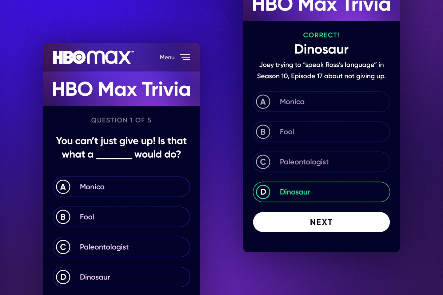 Screenshots of HBO Max Trivia Mobile Screens