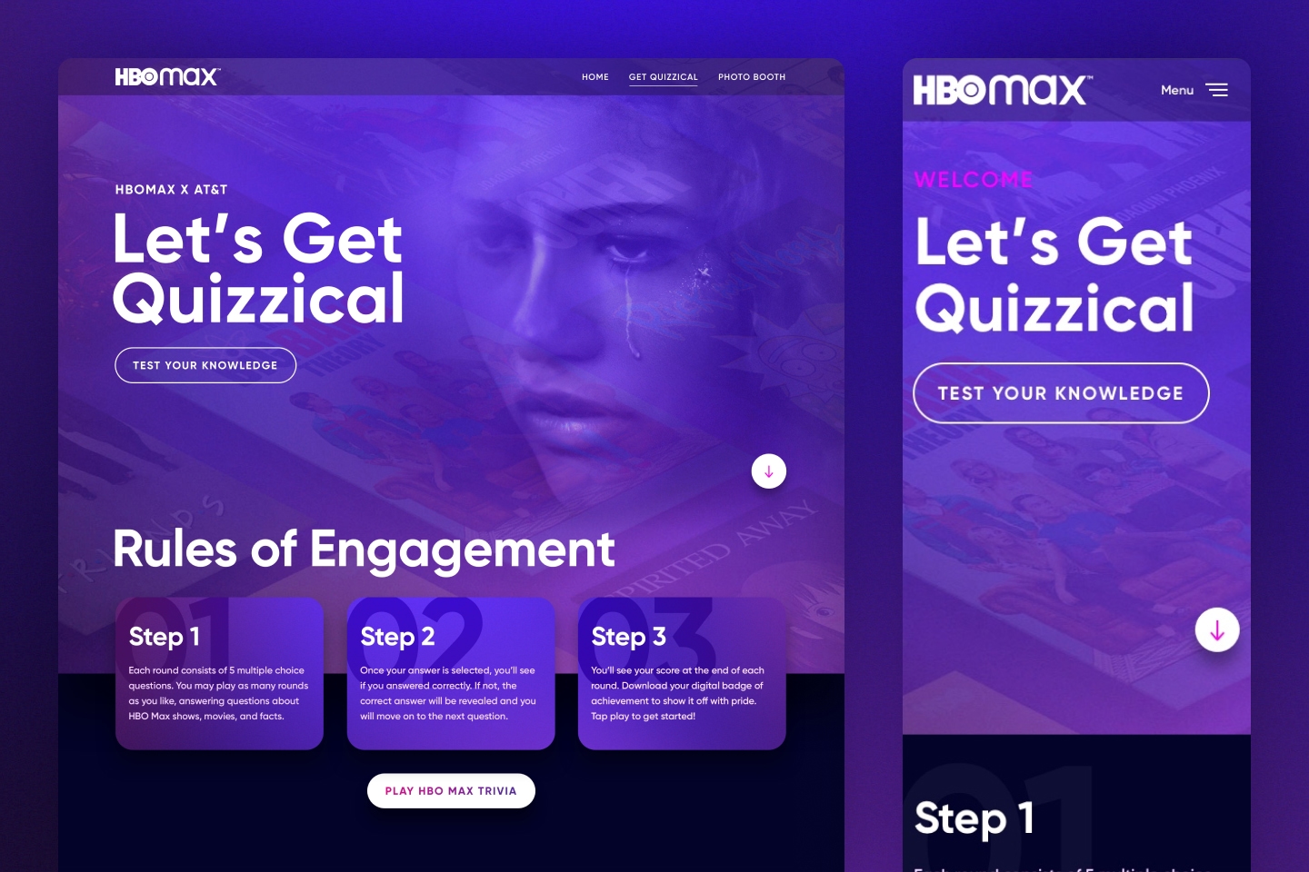Screenshots of the desktop and mobile layouts of the HBO Max Trivia Landing Page