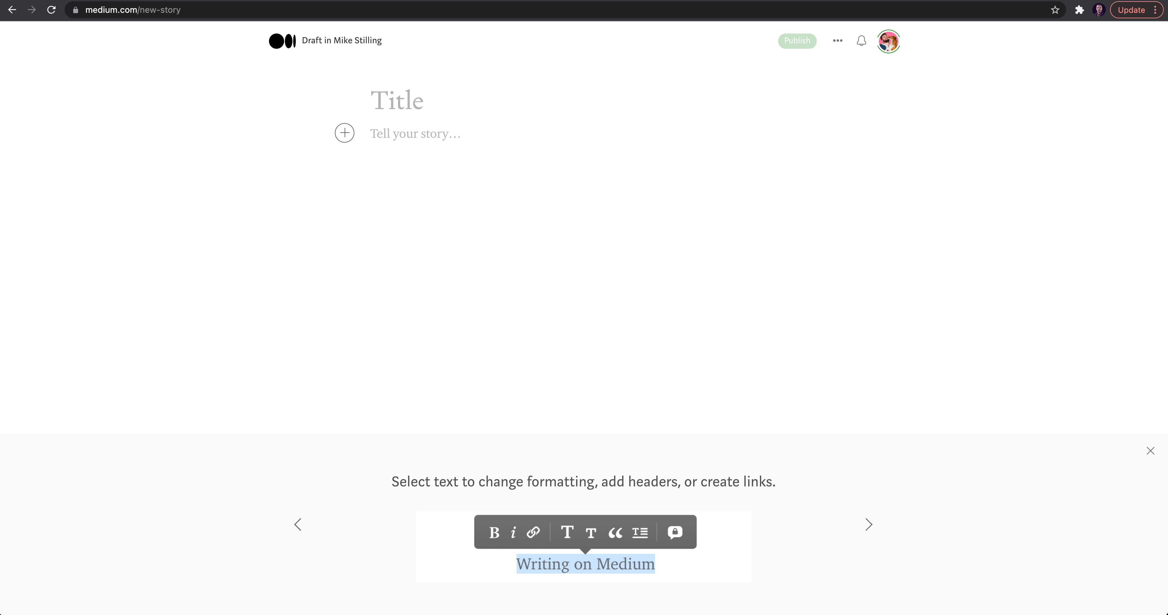 A screenshot of Medium's writing interface