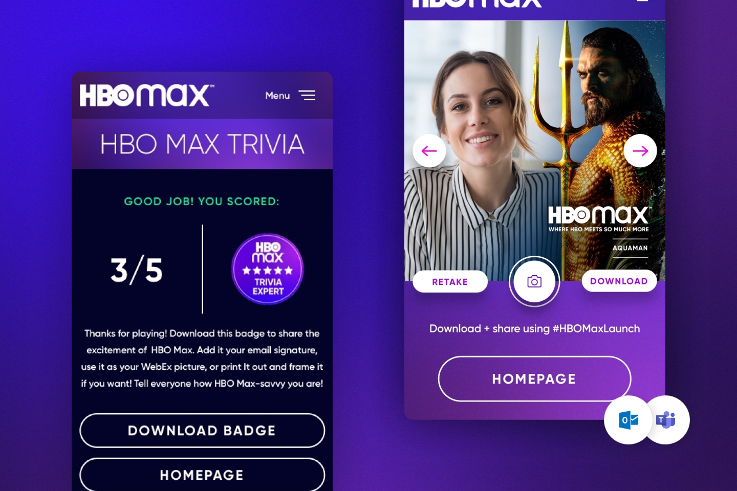 A screenshot of mobile screens for HBO Max Trivia