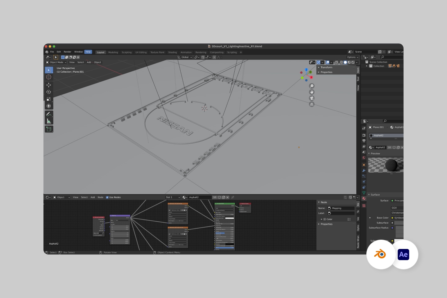 Blender 3D Software showing how the digital court was built