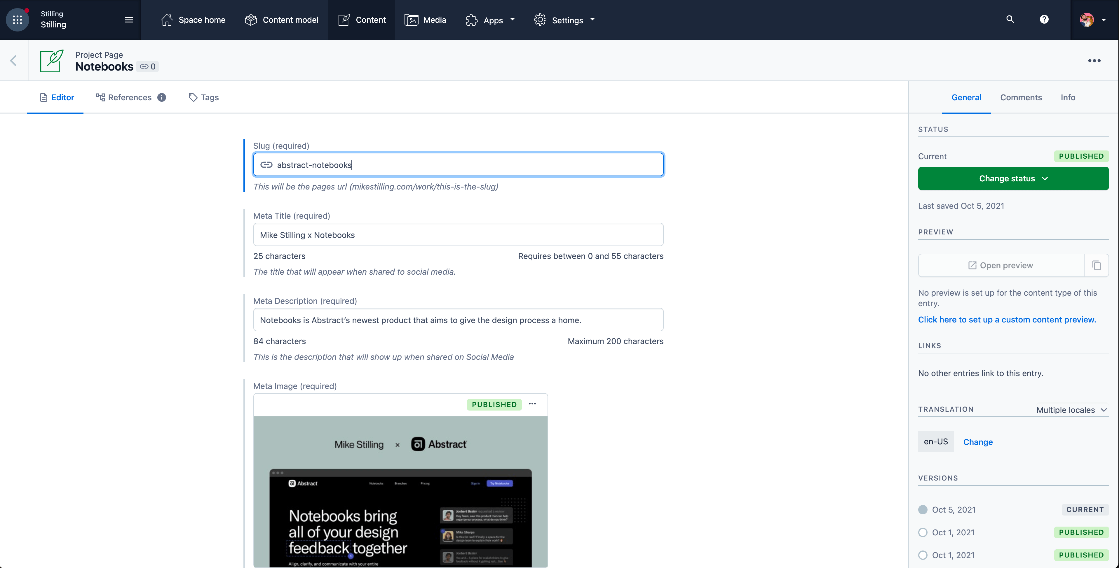 A screenshot of the Contentful CMS interface
