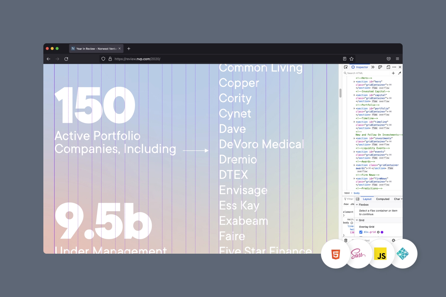 A screeshot of the NVP 2020 Year in Review Website with DevTools open