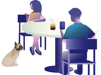 People drinking coffee with a dog