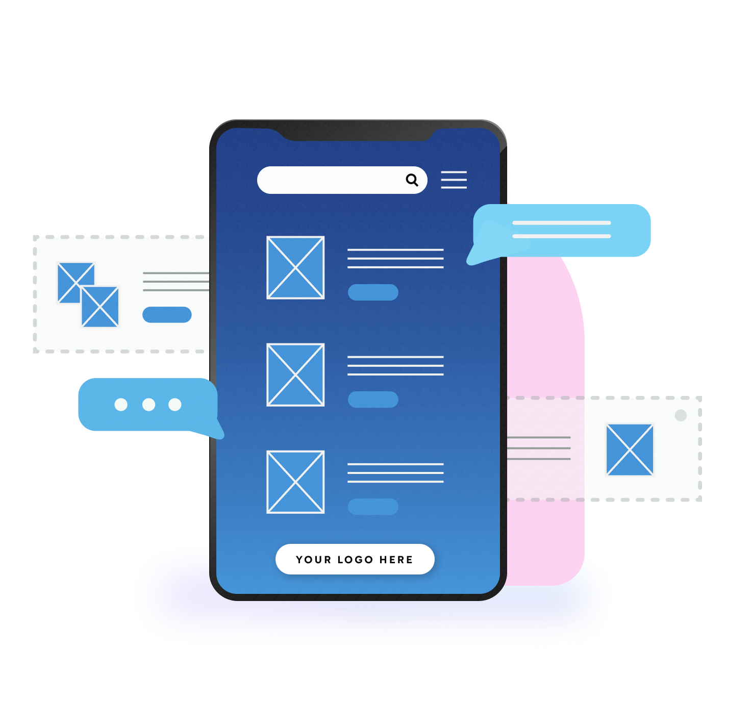 An abstract illustration of quick search, instant messaging and pie charts