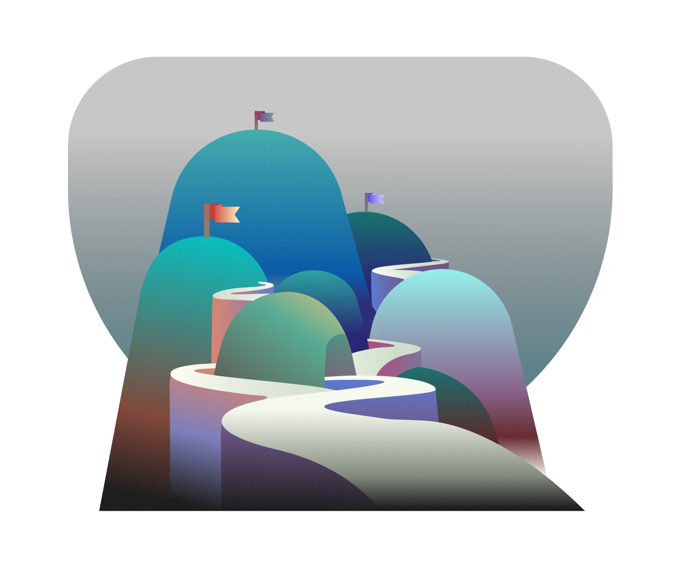 Road leading up to multiple hills, each with a flag on its peak