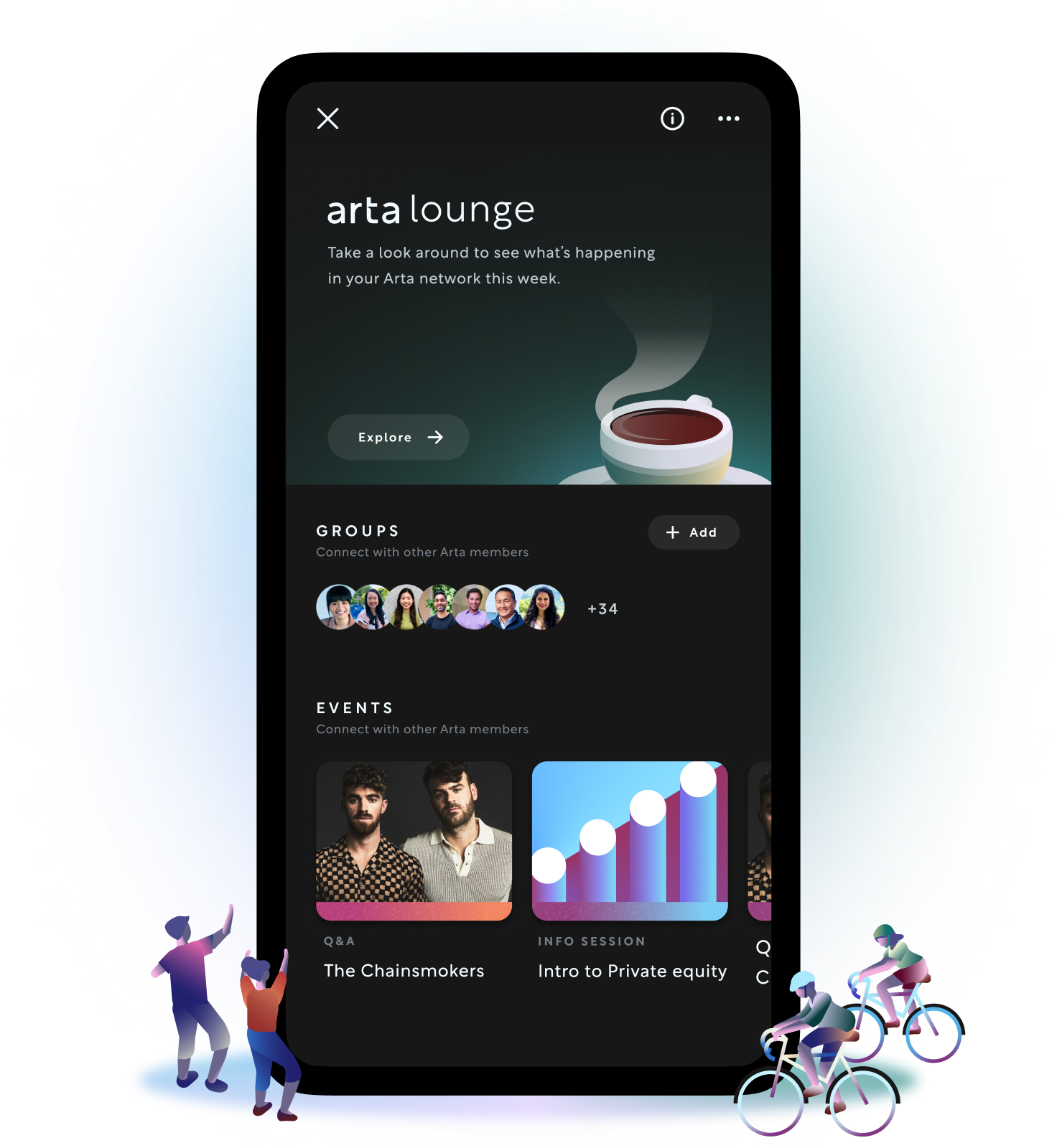 Preview of the Arta lounge page on a mobile device showing what's happening in the user's Arta network this week and the list of people and groups that are connected.