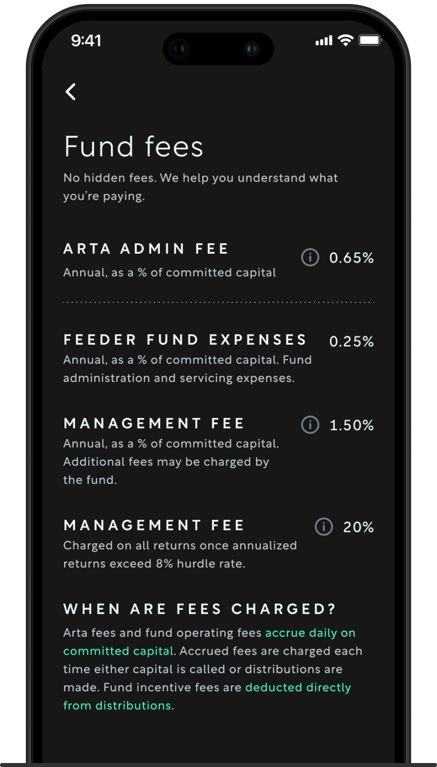 A sample screen of the fund fees page