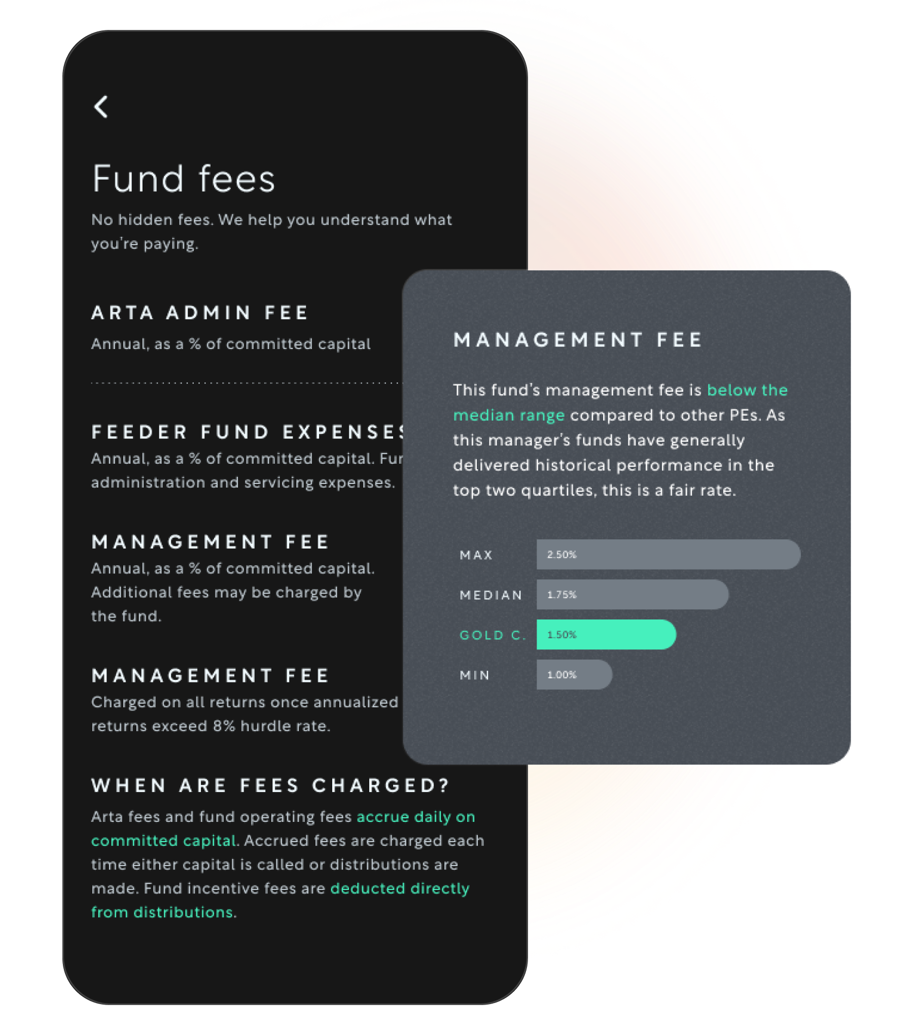 Preview of various types of fees such as admin fee, management fee, etc.