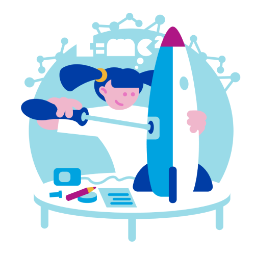 Ilustração de uma menina interessada em tecnologia de foguetes e robôs