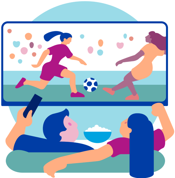 Ilustração de duas pessoas assistindo a um jogo de futebol feminino na TV