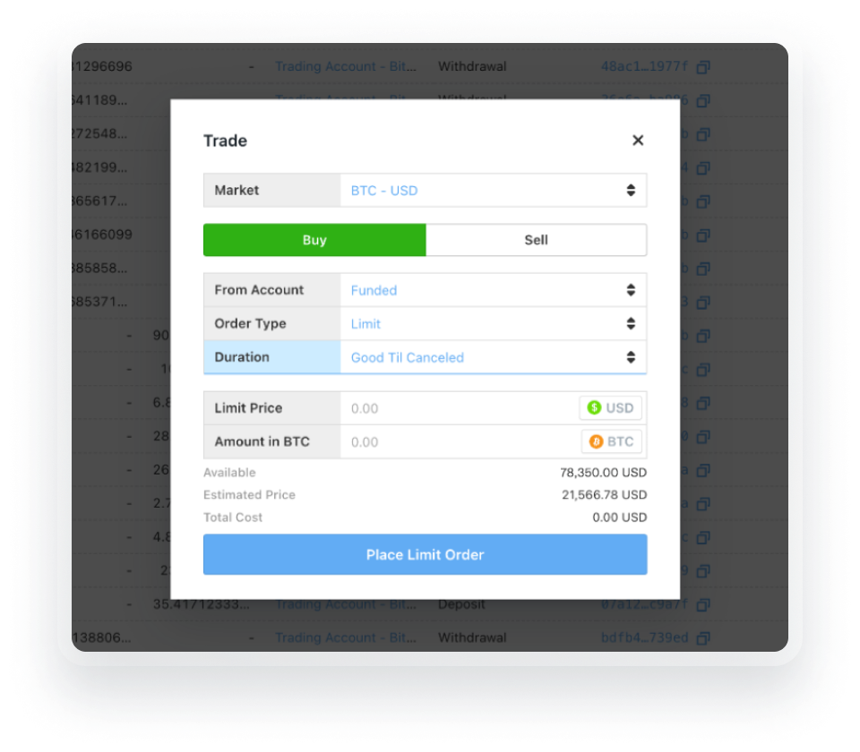 Screenshot showing the ability to place a trade order from BitGo.