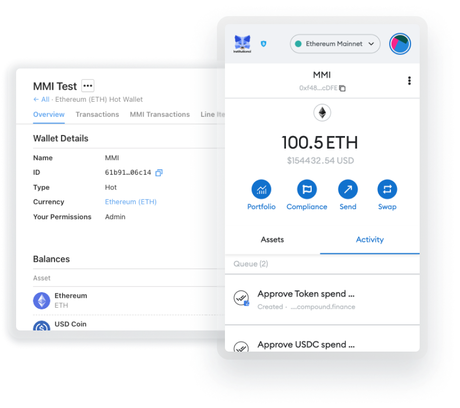 Screenshots of BitGo and MetaMask Institutional, working together to provide DeFI access to investors. 