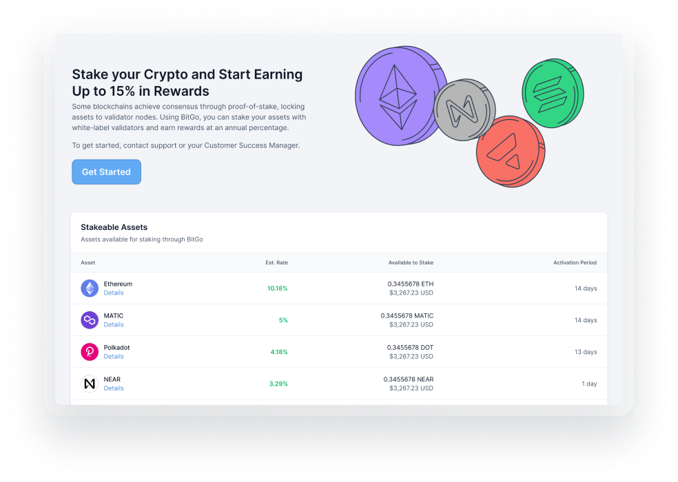 Screenshot showing the ability to stake directly from cold, custodial wallets at BitGo. 