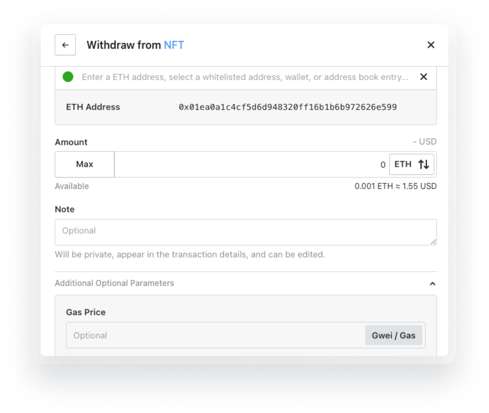 Screenshot showing an NFT withdrawal transaction.