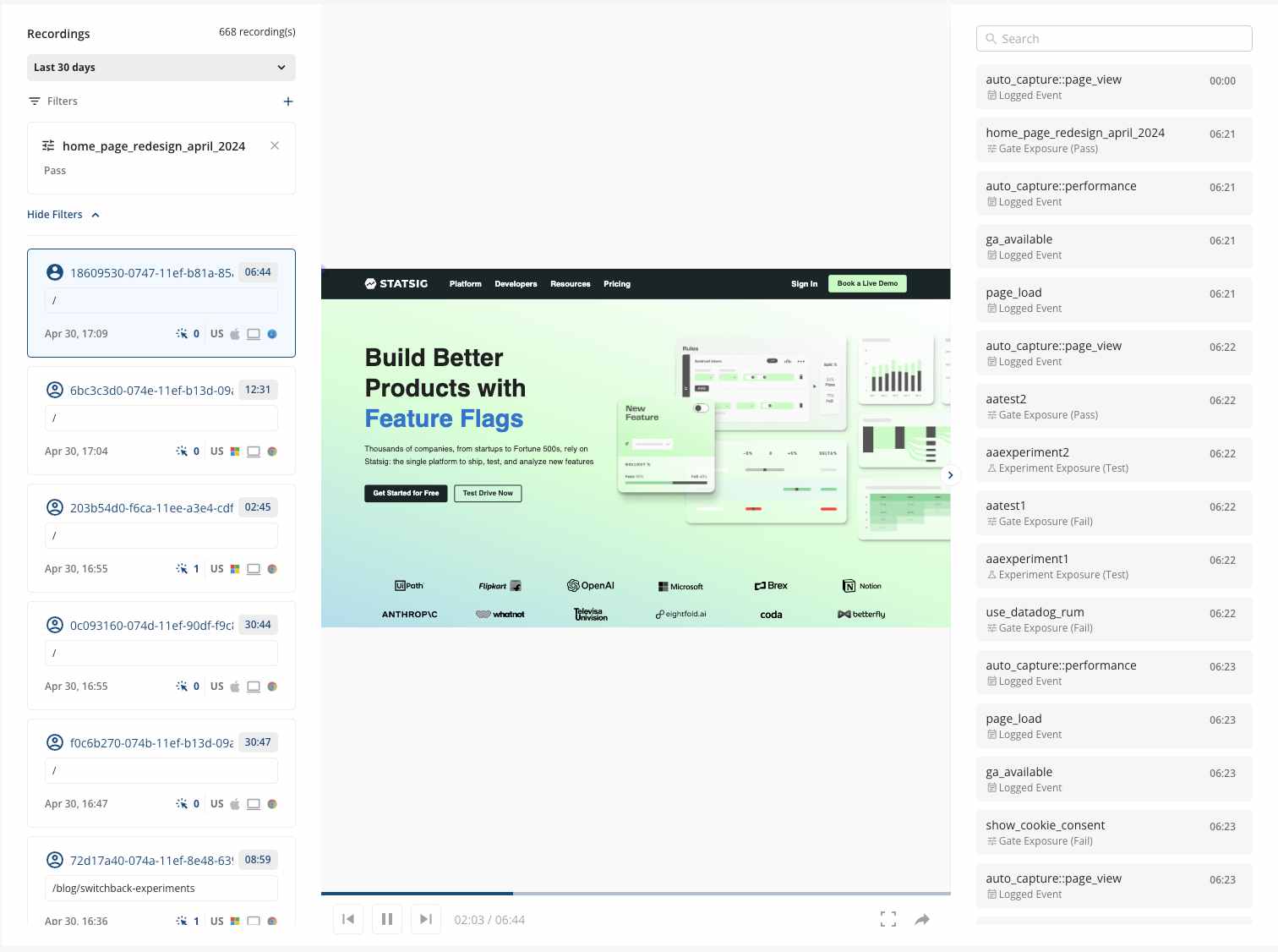 session replays of the statsig homepage