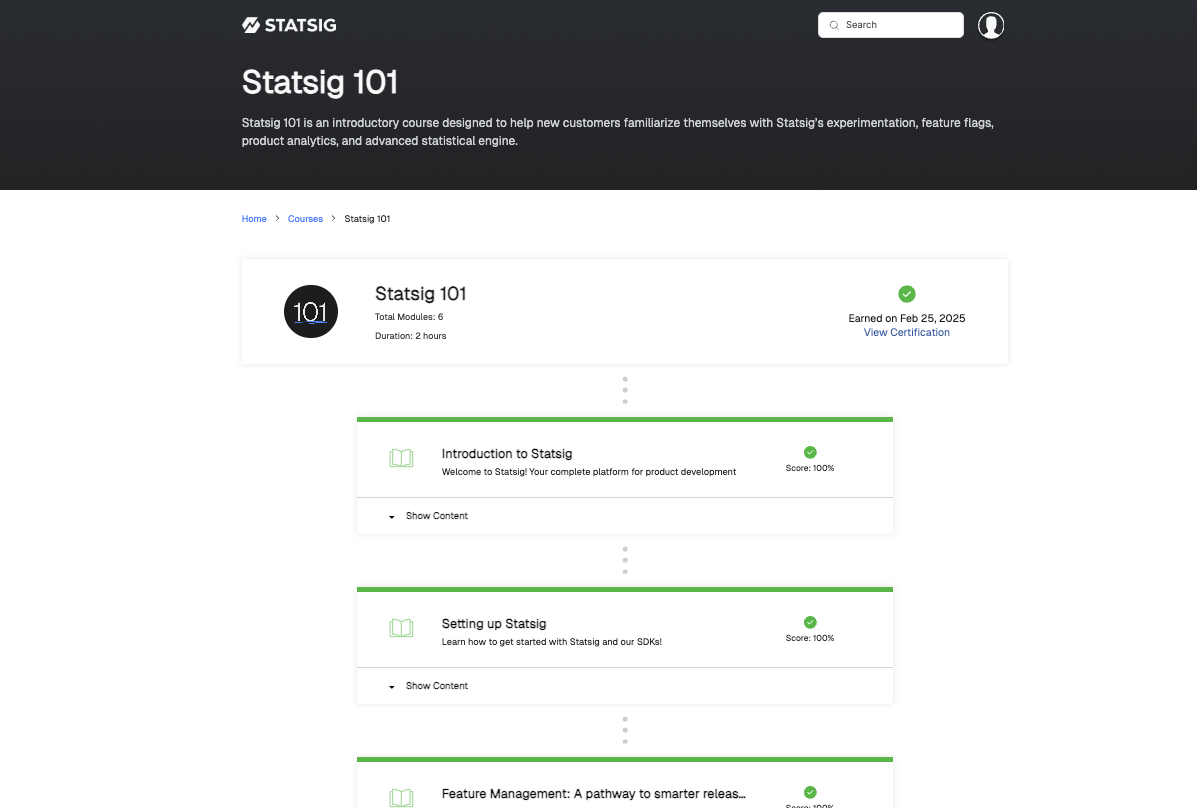 Screenshot of Statsig University Introductory course