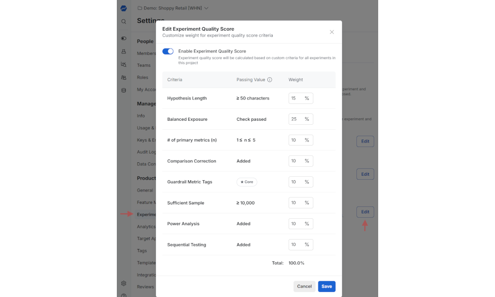 configuring experiment quality score