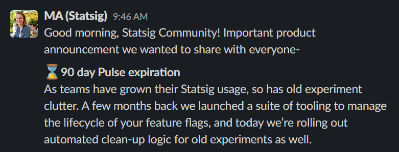 Statsig's MA Seger announcing new product features in the Statsig support community