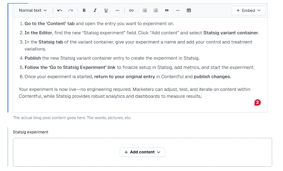 the statsig variant button in contentful