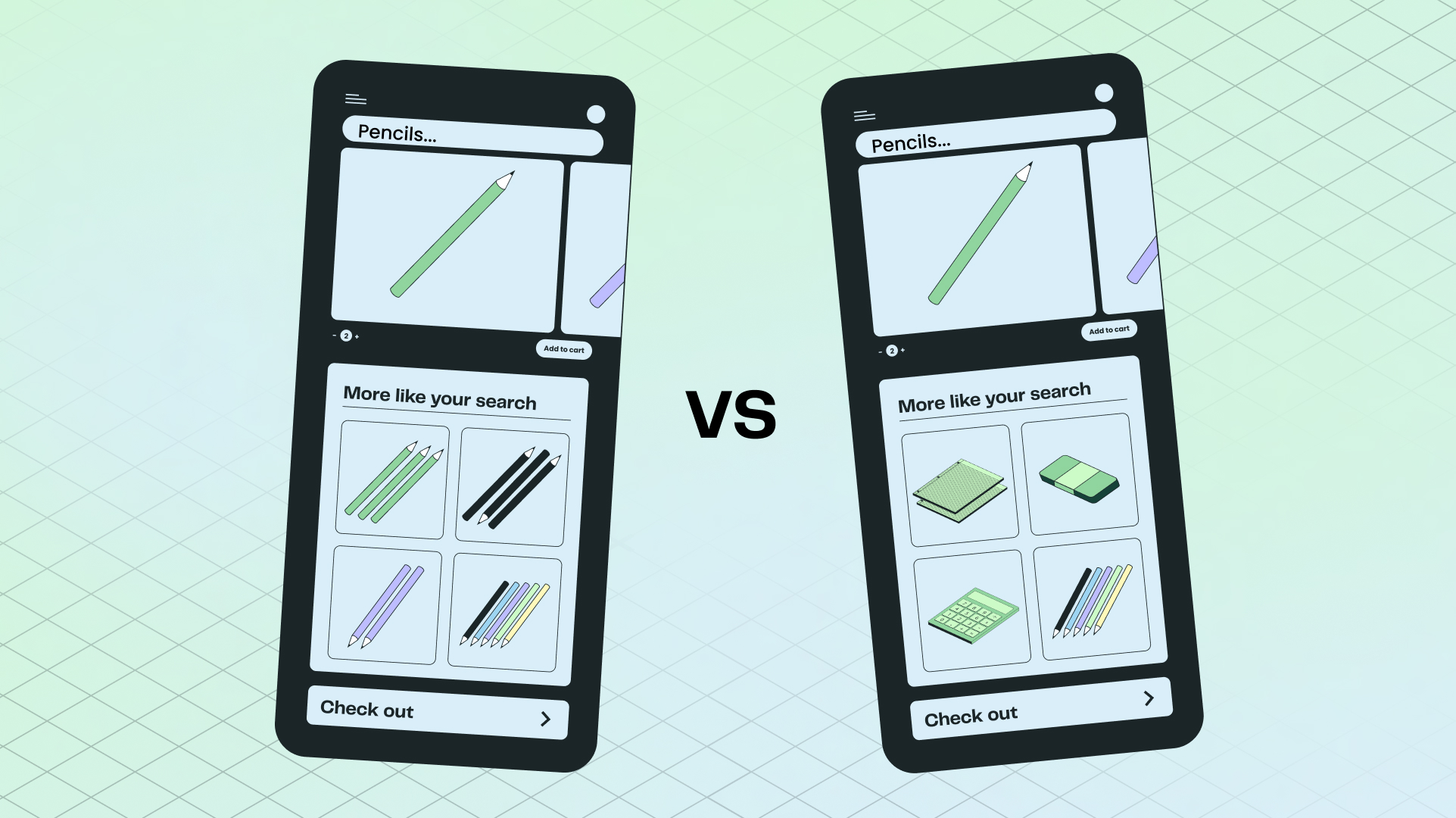 an illustration showing two phones with ecommerce aps, each with different listed recommendations