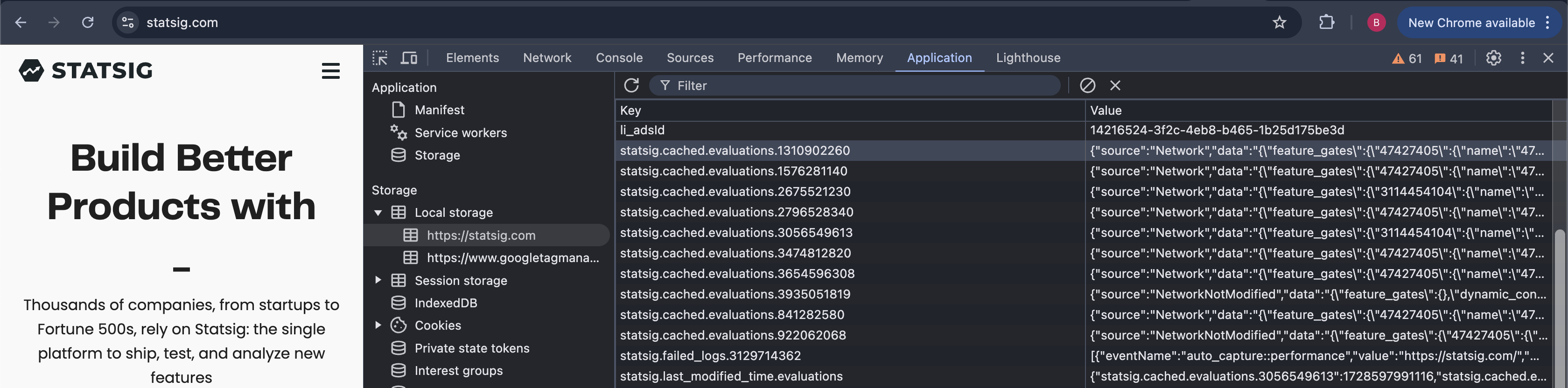 Examples of cached evaluations on Statsig.com