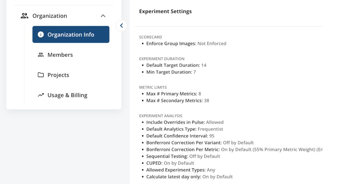 a screenshot of experiment policy setting in setting