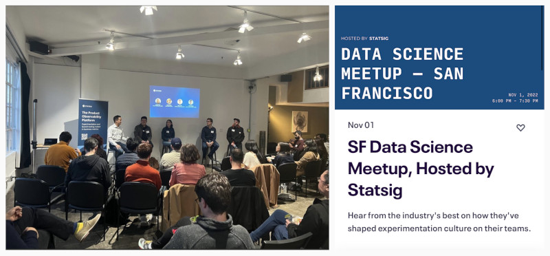 some promotional materials for the san fransisco data science meetup, hosted by statsig