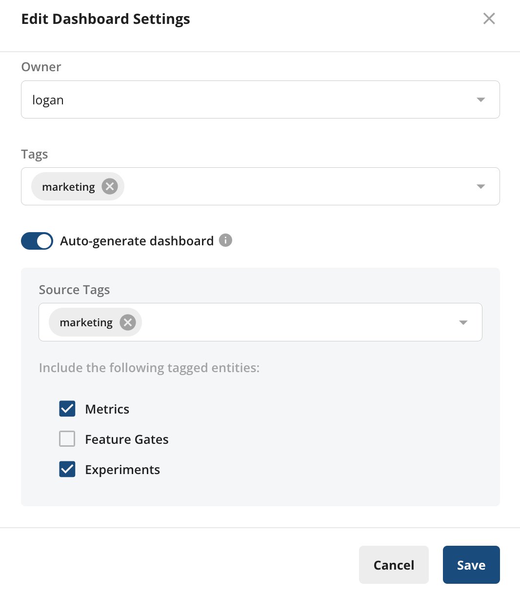 using auto-generated dashboards in statsig