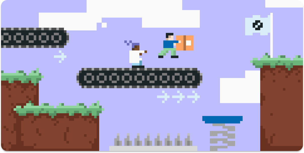 a 2d platformer video game style image of a statsig employee racing for the finish flag