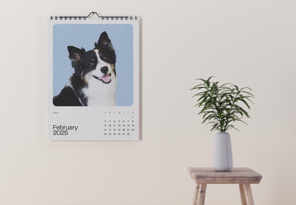 a mockup of the statsig dog calendar on a wall