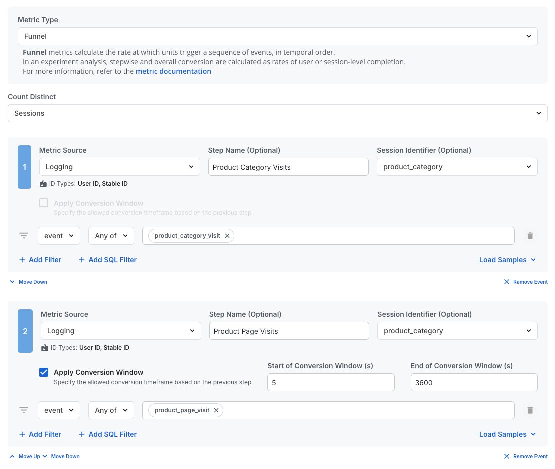 setting up a funnel in statsig and choosing metric sources and types