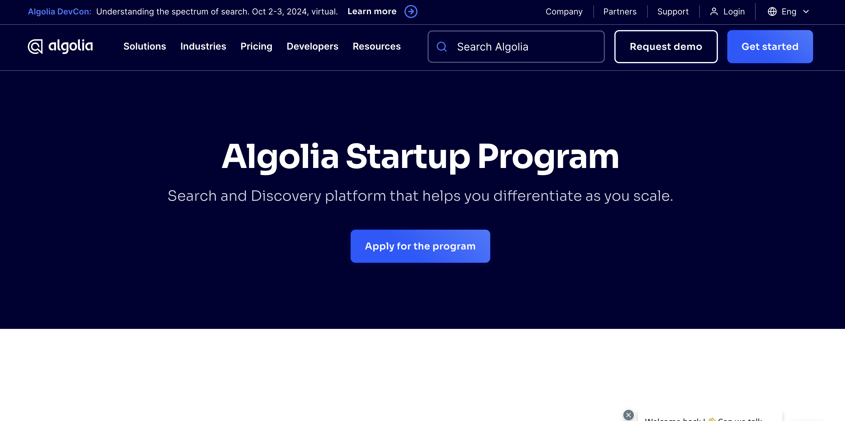 Algolia Startup Program